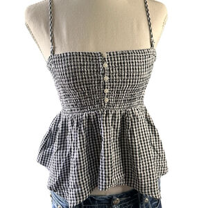 American Eagle Gingham Smocked Babydoll Cami Peplum Top Black And White Size XS